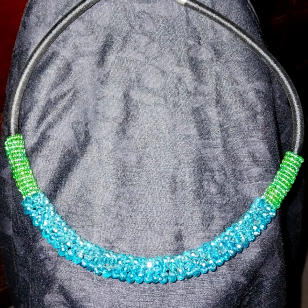 Crochet rope Teal Crystal bead choker